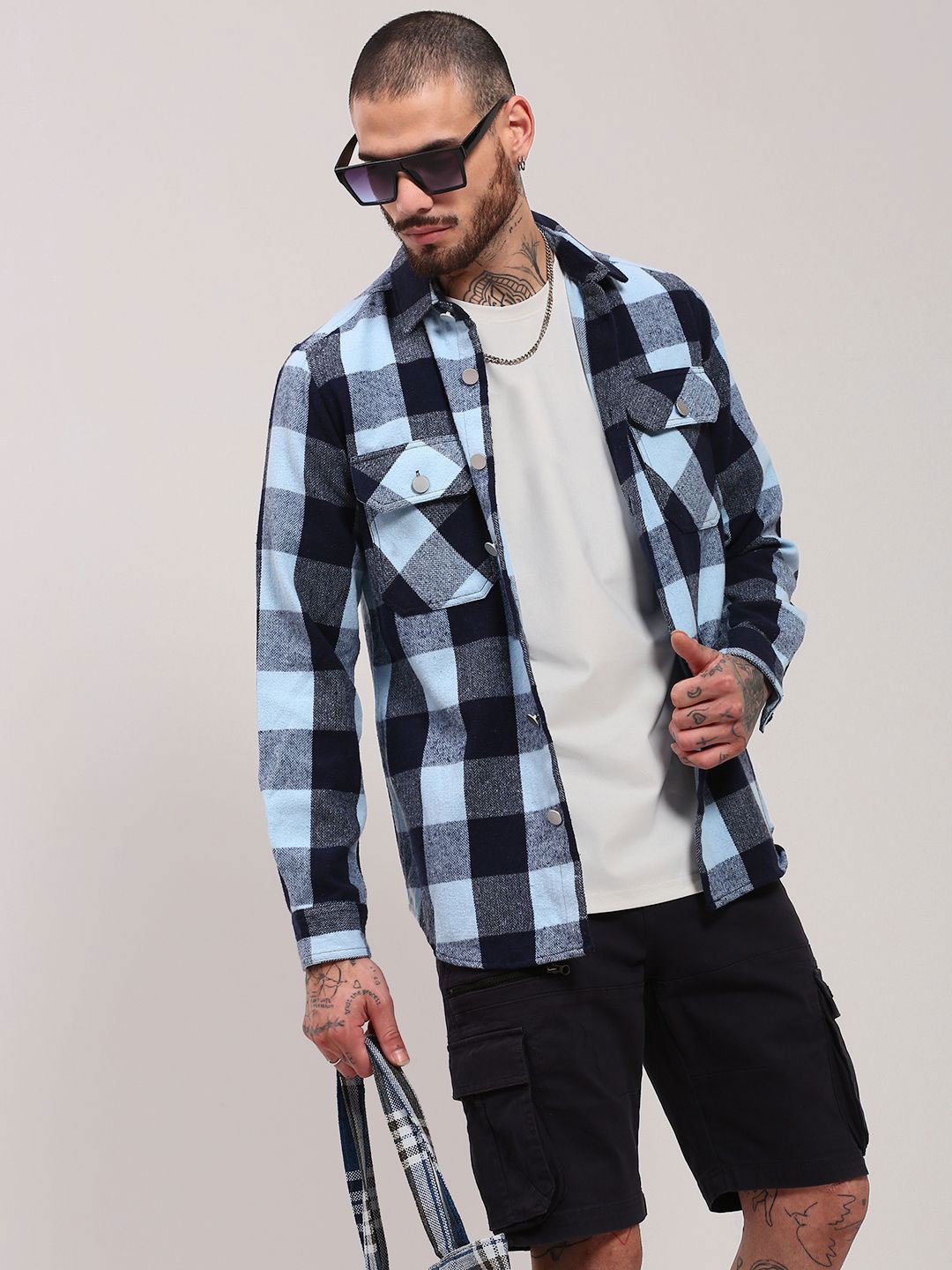 

SHOWOFF Men Buffalo Checked Relaxed Fit Cotton Casual Shacket, Blue