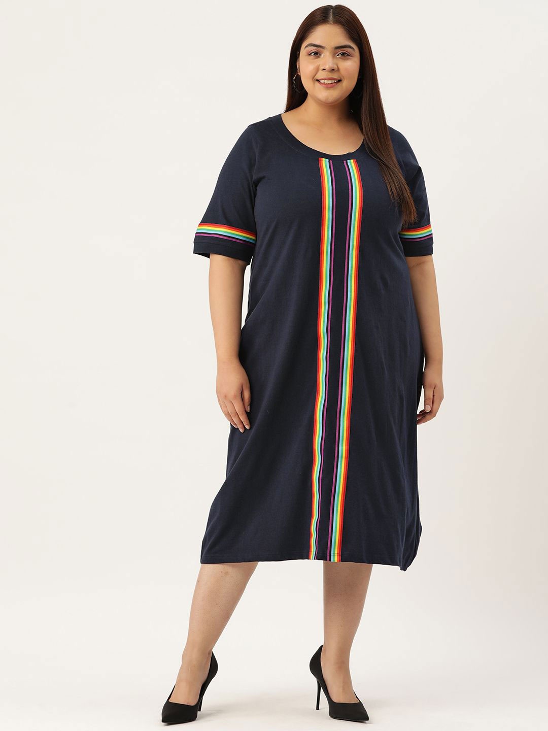 

theRebelinme Women Pure Cotton A-Line Midi Dress, Navy blue