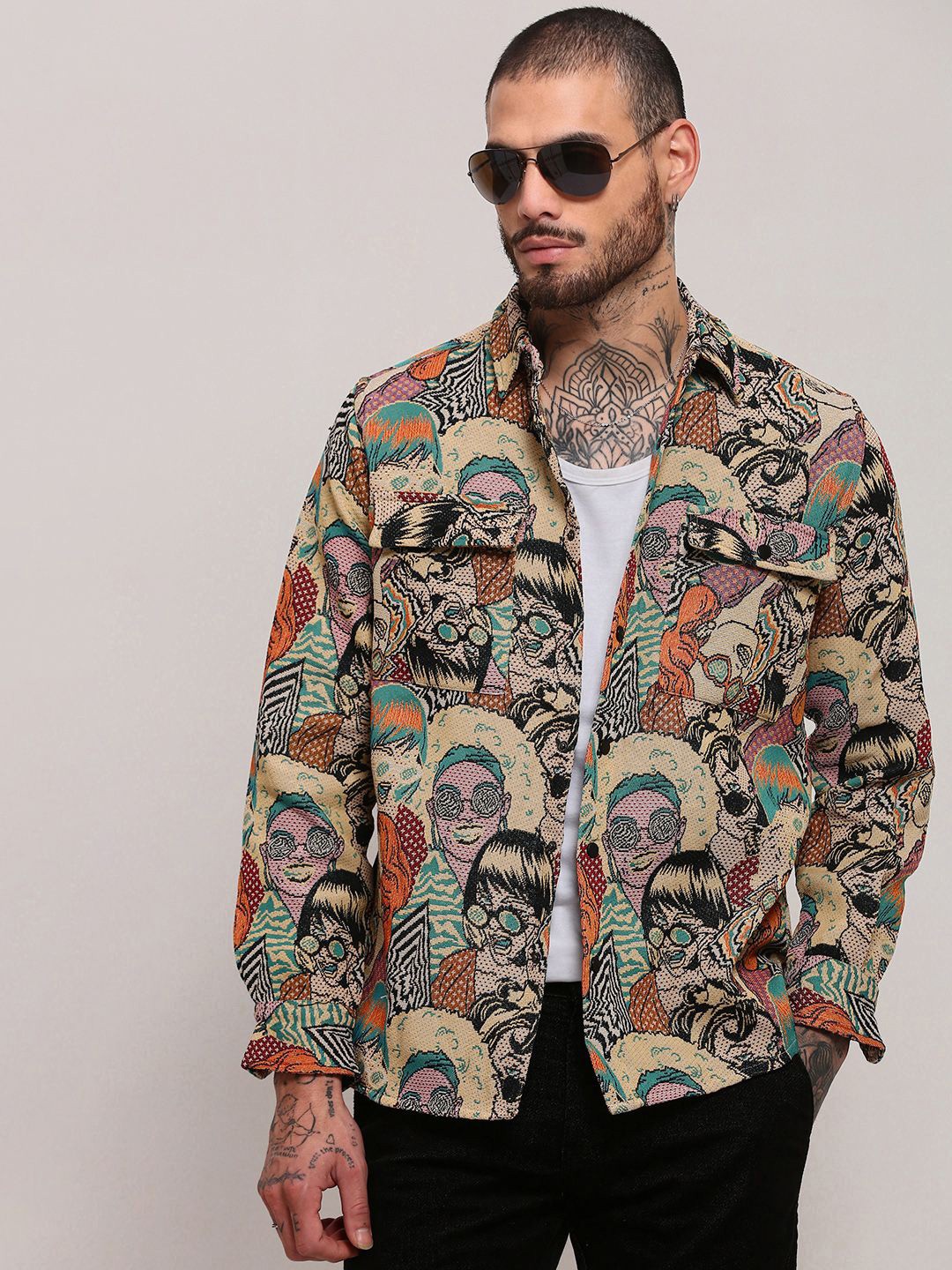

SHOWOFF Men Abstract Printed Relaxed Fit Cotton Casual Shacket, Beige