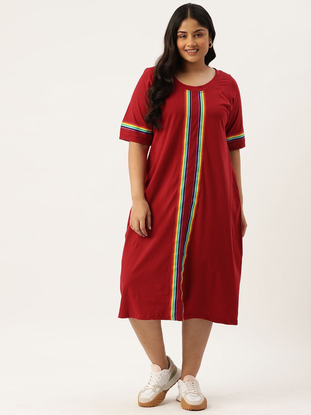 

theRebelinme Women Plus Size Striped Cotton A-Line Midi Dress, Maroon