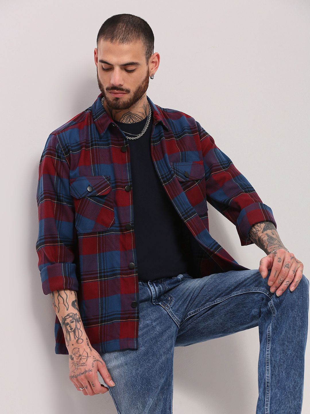 

SHOWOFF Men Checked Relaxed Cotton Casual Shacket, Red