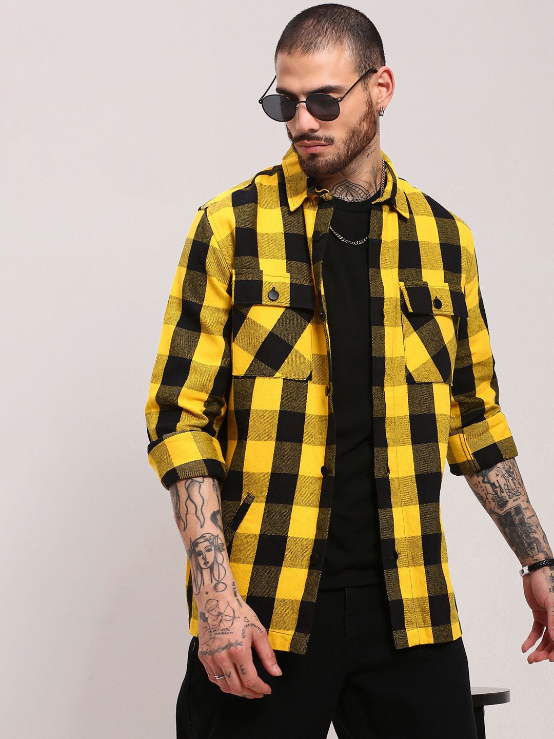 

SHOWOFF Men Buffalo Checked Relaxed Fit Cotton Casual Shacket, Yellow