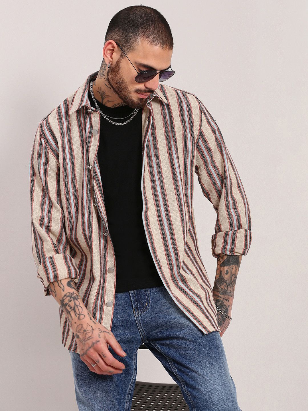 

SHOWOFF Men Spread Collar Vertical Striped Cotton Casual Shacket, Beige