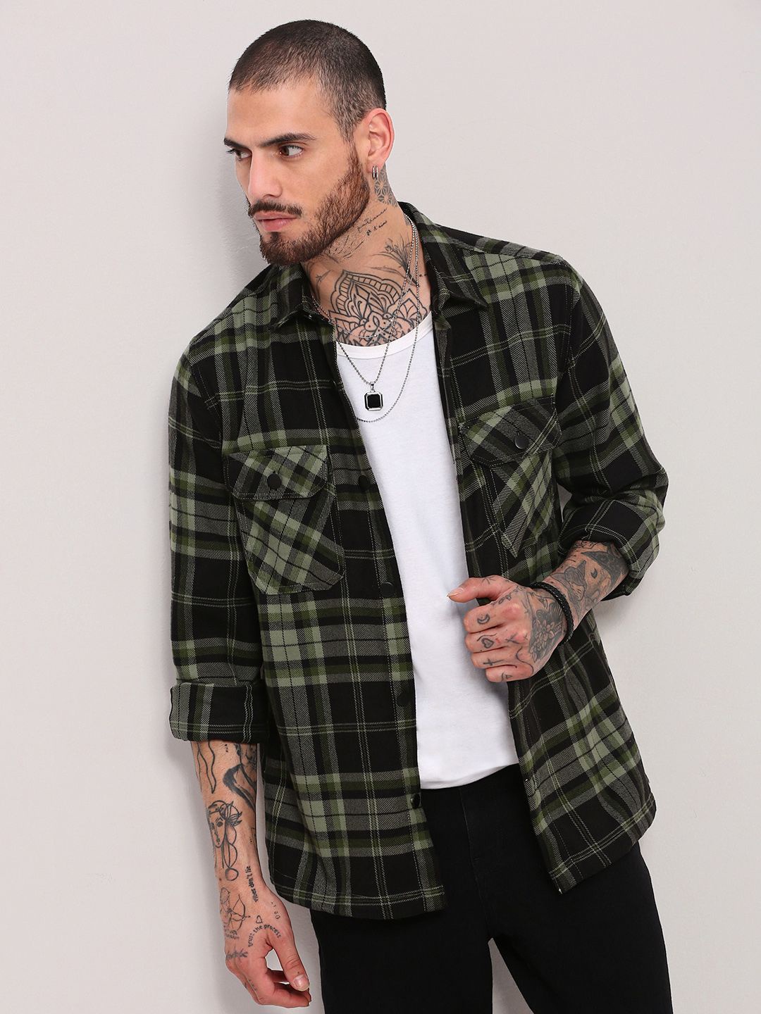 

SHOWOFF Men Checked Relaxed Fit Cotton Casual Shacket, Green