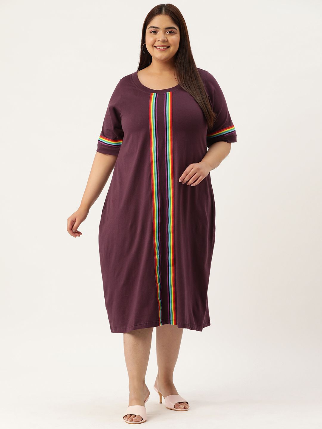 

theRebelinme Women Plus Size Striped Cotton A-Line Midi Dress, Purple