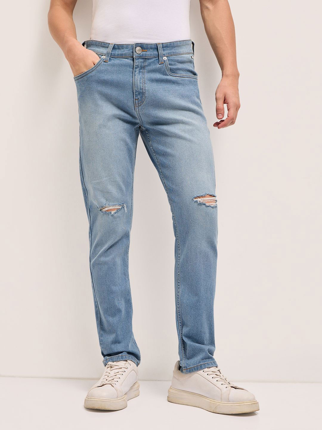 

THE BEAR HOUSE Men Slim Fit Low Distress Cotton Jeans, Blue