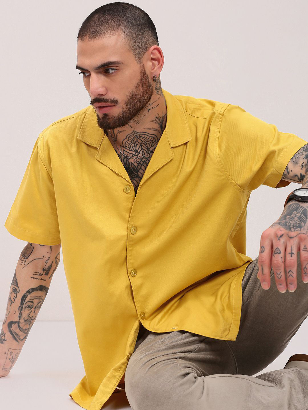 

SHOWOFF Men Comfort Cuban Collar Solid Cotton Relaxed Fit Casual Shirt, Yellow