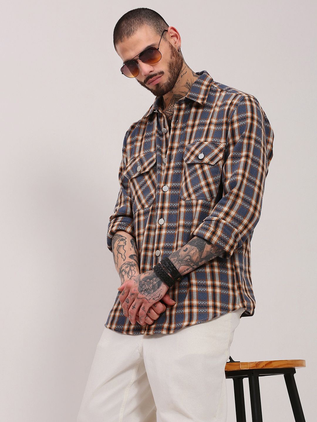 

SHOWOFF Men Comfort Speread Collar Tartan Checked Cotton Casual Shirt, Grey