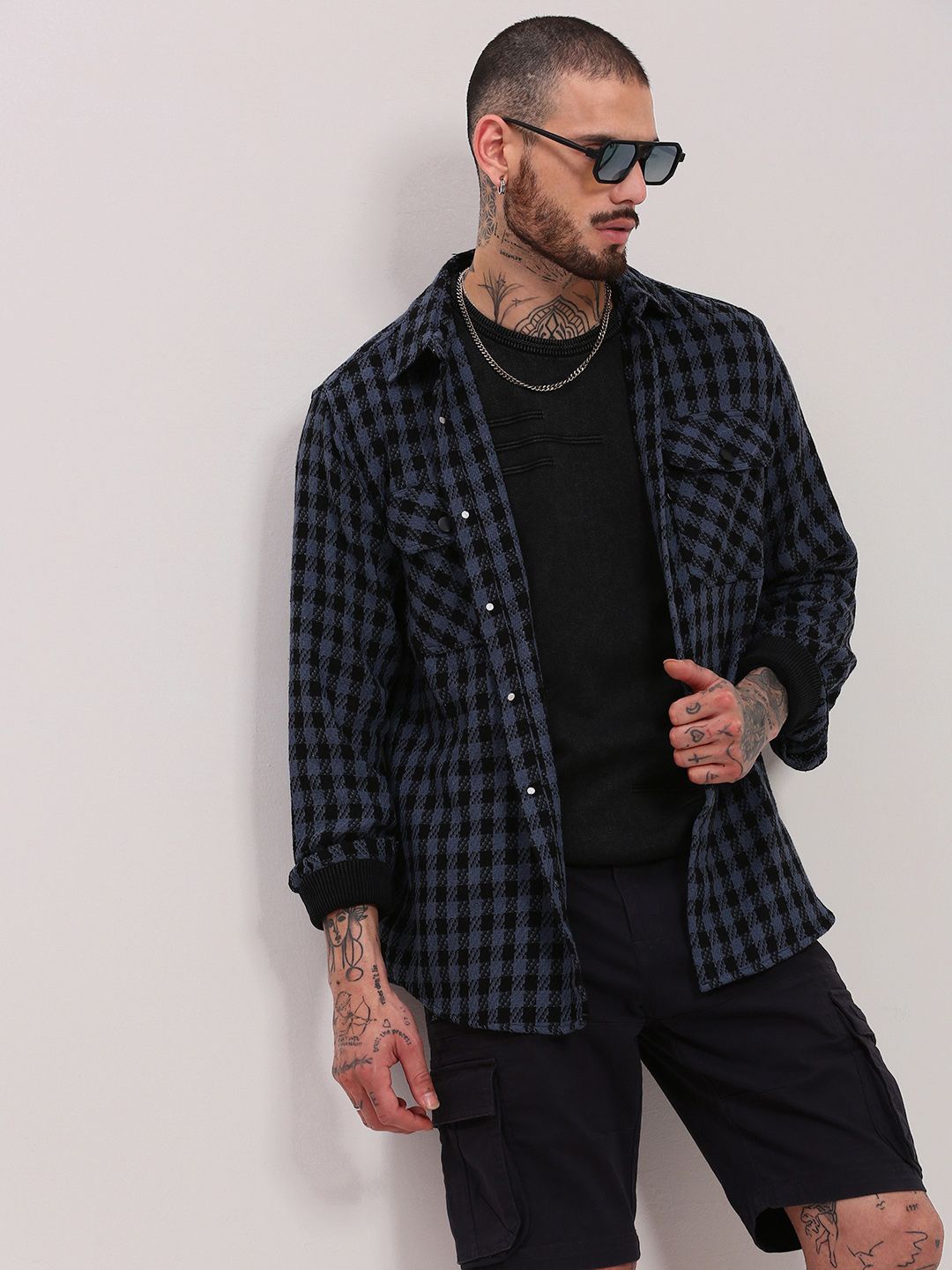 

SHOWOFF Men Checked Relaxed Fit Cotton Casual Shacket, Navy blue