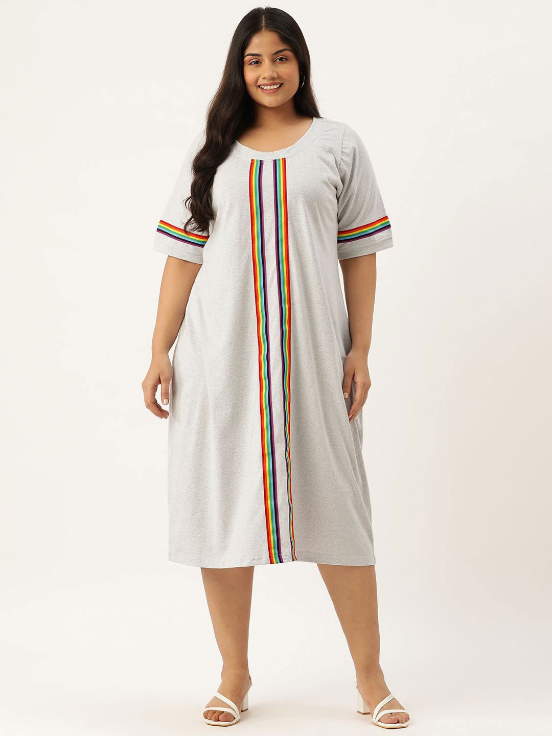 

theRebelinme Plus Size Striped Cotton A-Line Dress, Grey