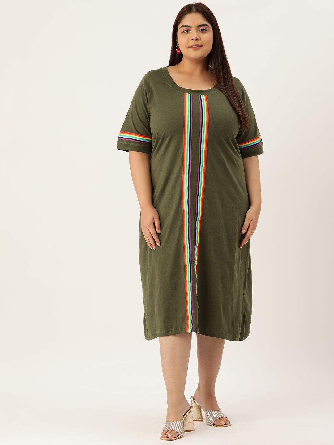 

theRebelinme Women Round Neck Pure Cotton Plus Size T-shirt Midi Dress, Olive