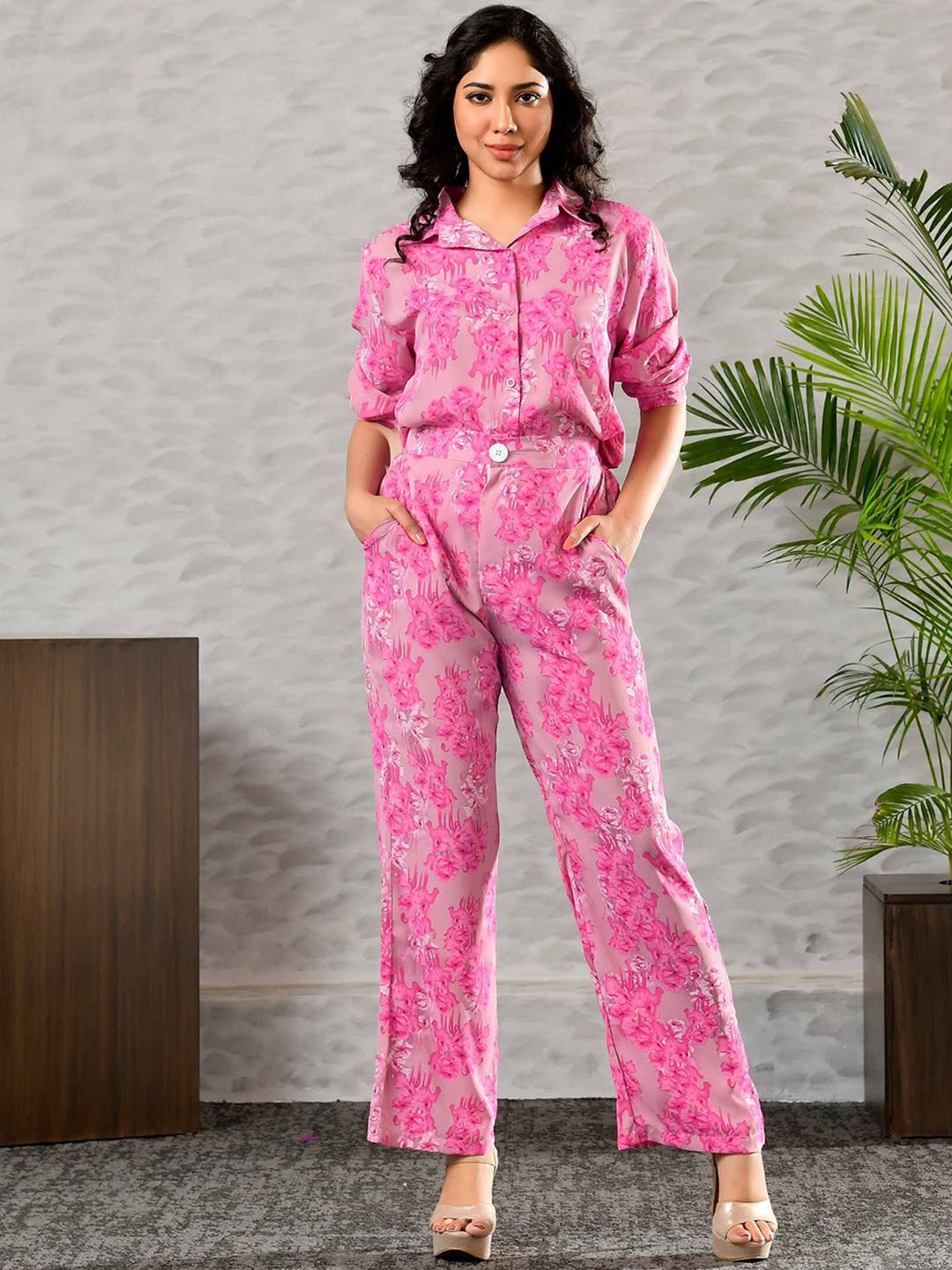 

Unityshop Shirt Collar Printed Shirt With Trousers, Pink