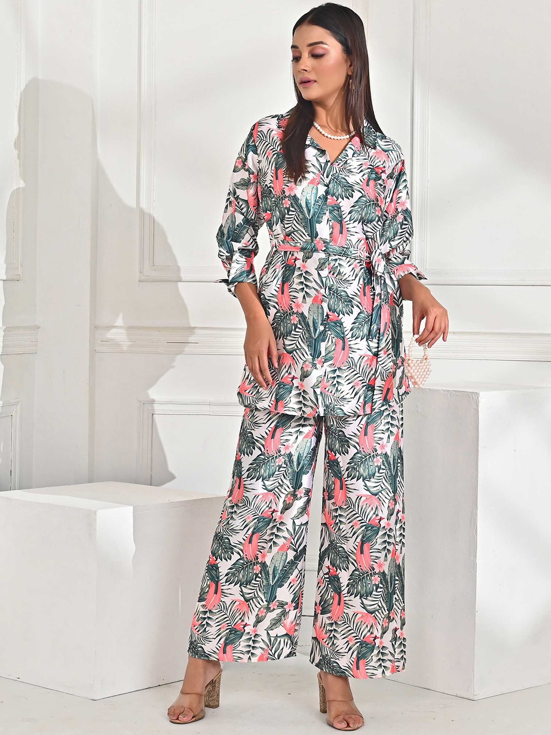 

Unityshop Printed Shirt Collar Top With Trouser, Pink