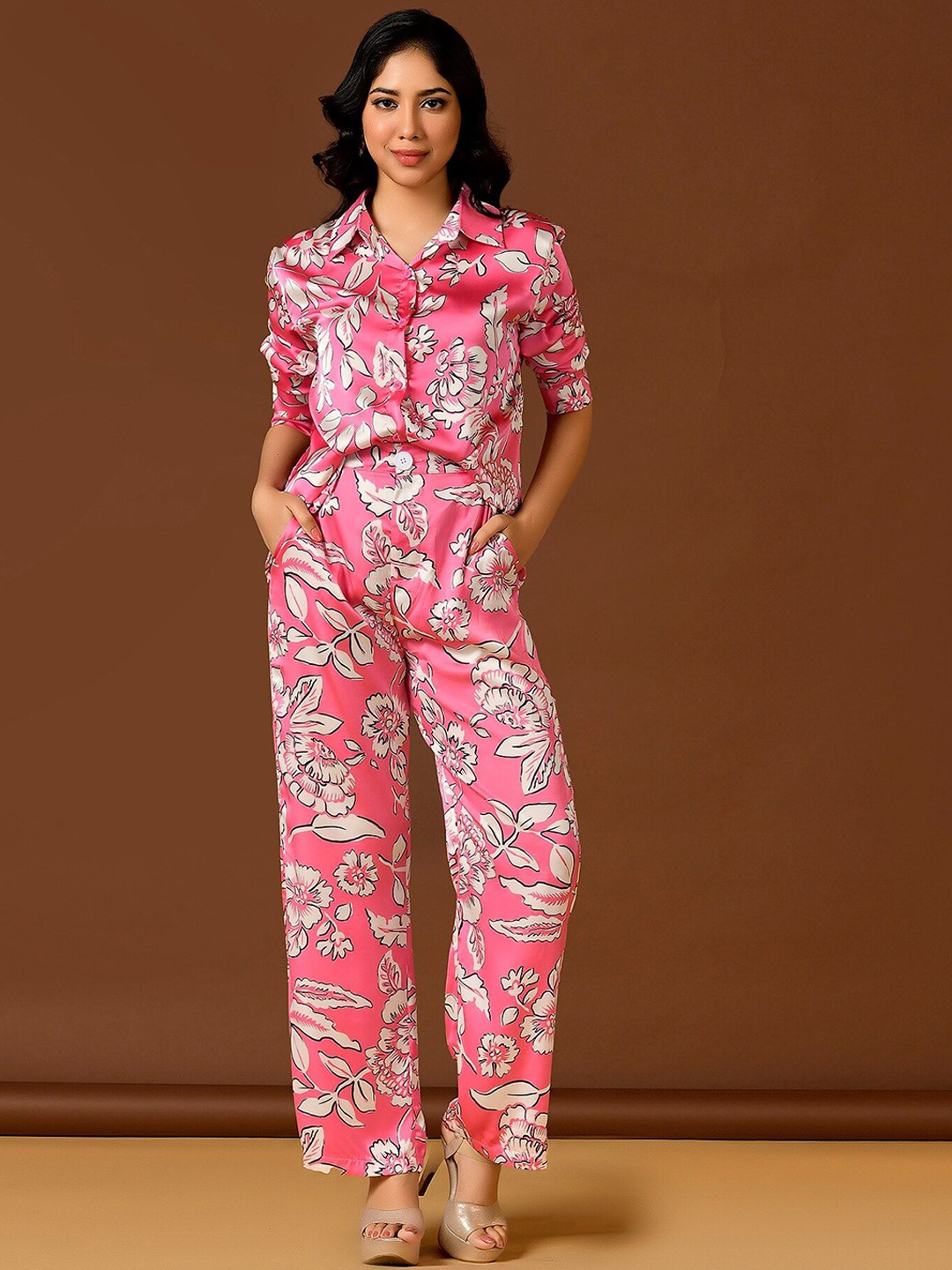 

Unityshop Printed Shirt Collar Shirt & Trouser, Pink
