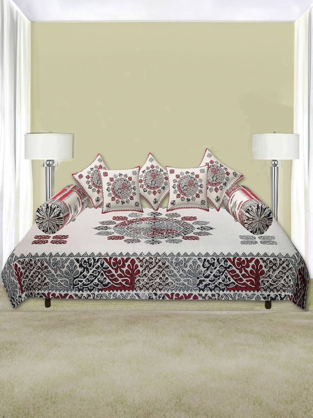 

Trance Home Linen Grey & Red 8 Pieces 108 TC Pure Cotton Jaipuri Printed Diwan Set