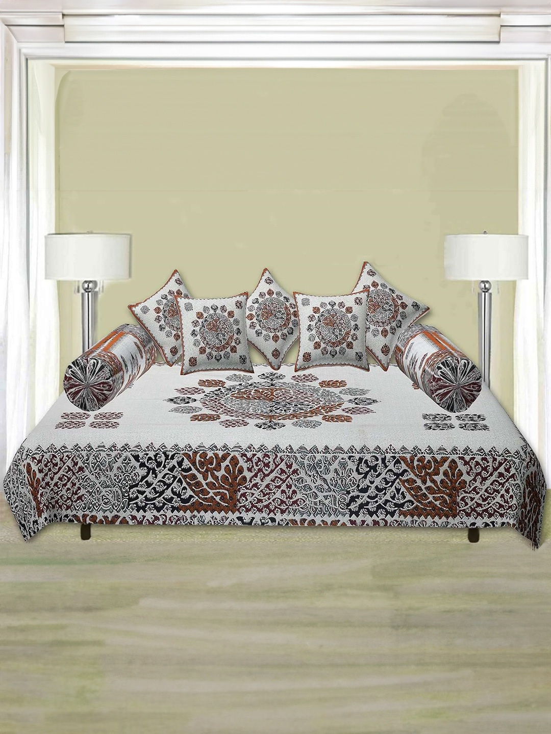 

Trance Home Linen Brown & Grey 8 Pieces 108 TC Pure Cotton Jaipuri Printed Diwan Set