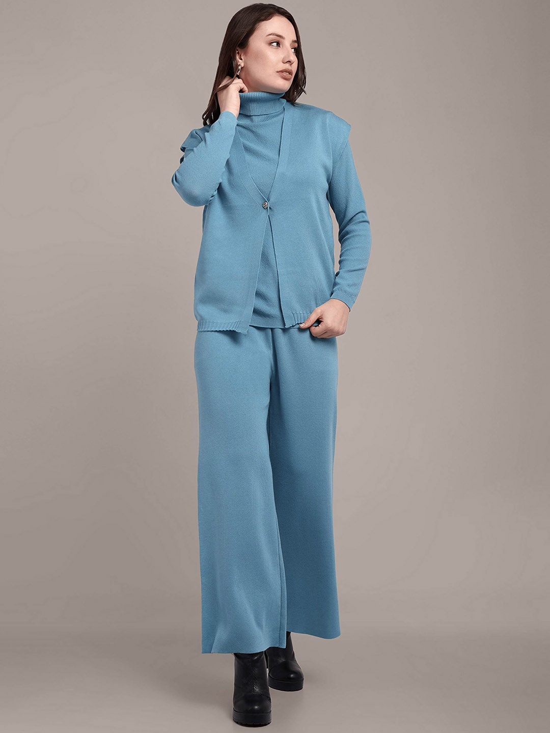 

iki chic Blue Turtle Neck Knitted Sweater & Trouser With Vest