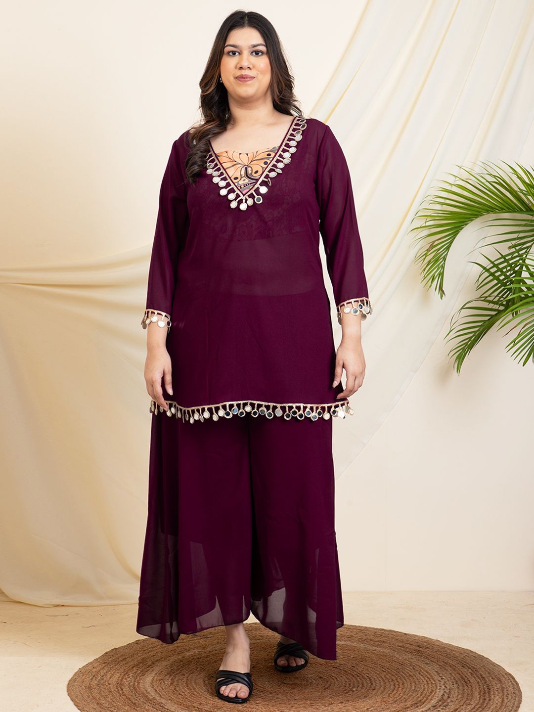 

DEEBACO Embroidered Plus Size Tunic With Crop Top & Palazzo, Maroon