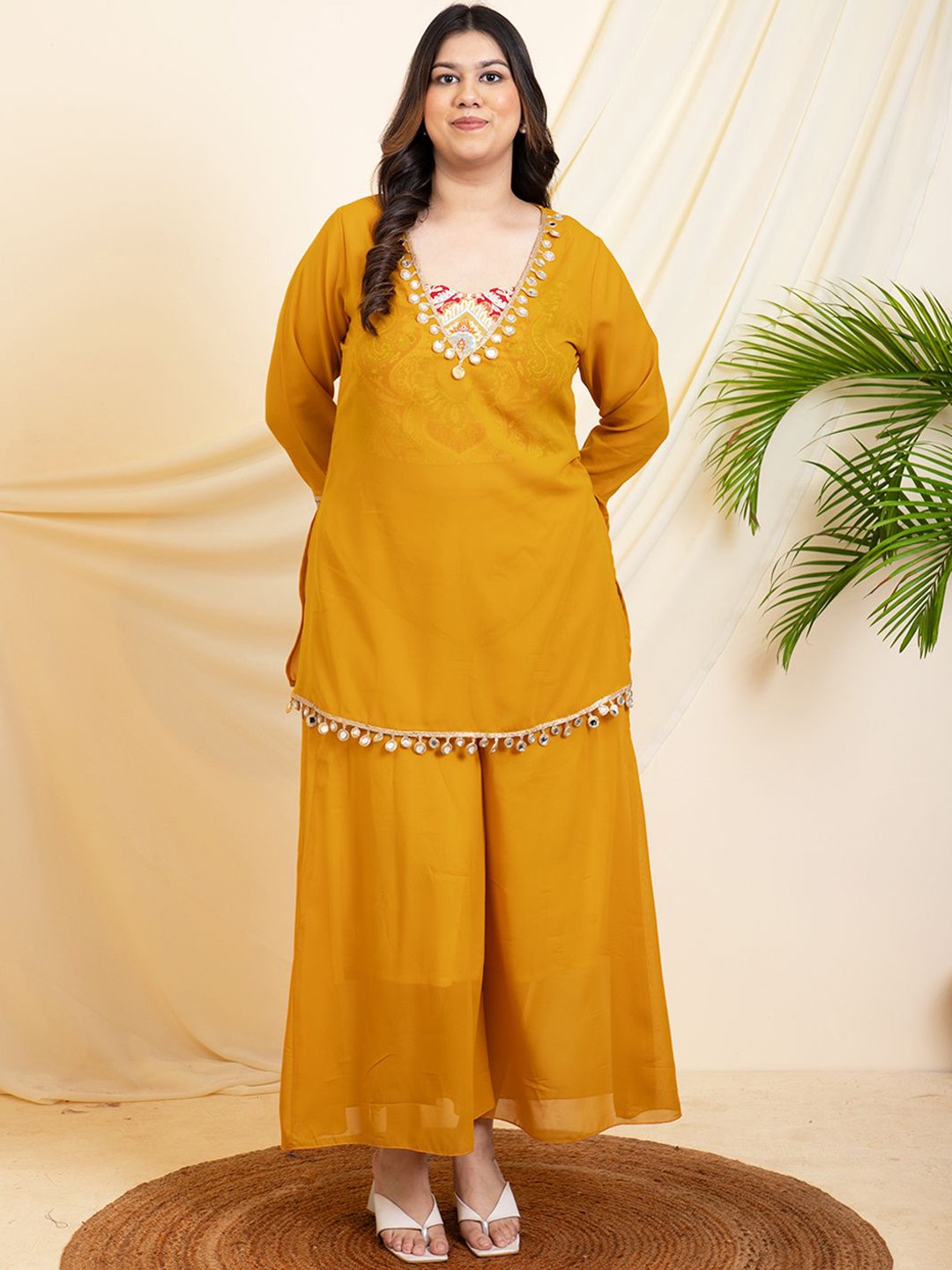 

DEEBACO Plus Size V-Neck Tunic With Crop Top & Palazzo, Mustard