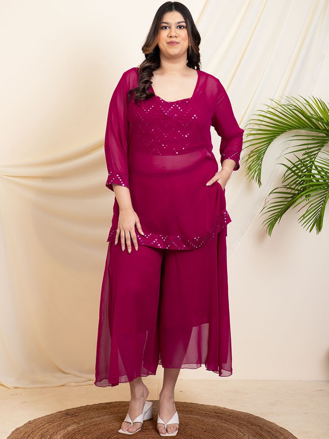 

DEEBACO Plus Size V-Neck Embroidered Tunic With Crop Top & Palazzo, Magenta