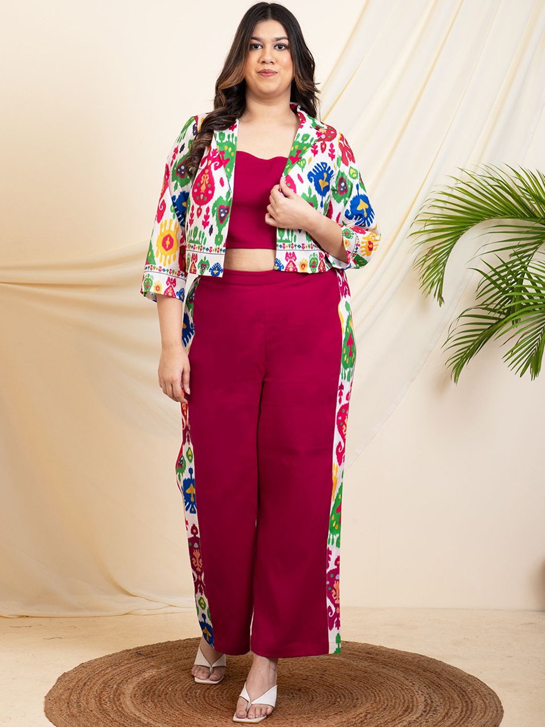 

DEEBACO Printed Notched Lapel Collar Blazer Inner Top With Trousers Co-Ords, Magenta