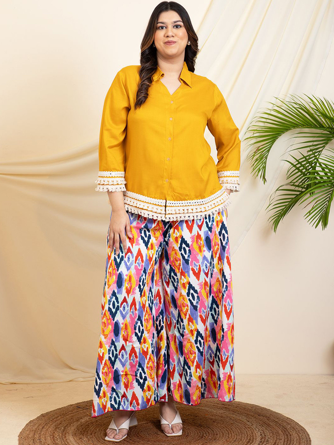 

DEEBACO Plus Size Shirt Collar Lace Shirt With Palazzo, Mustard