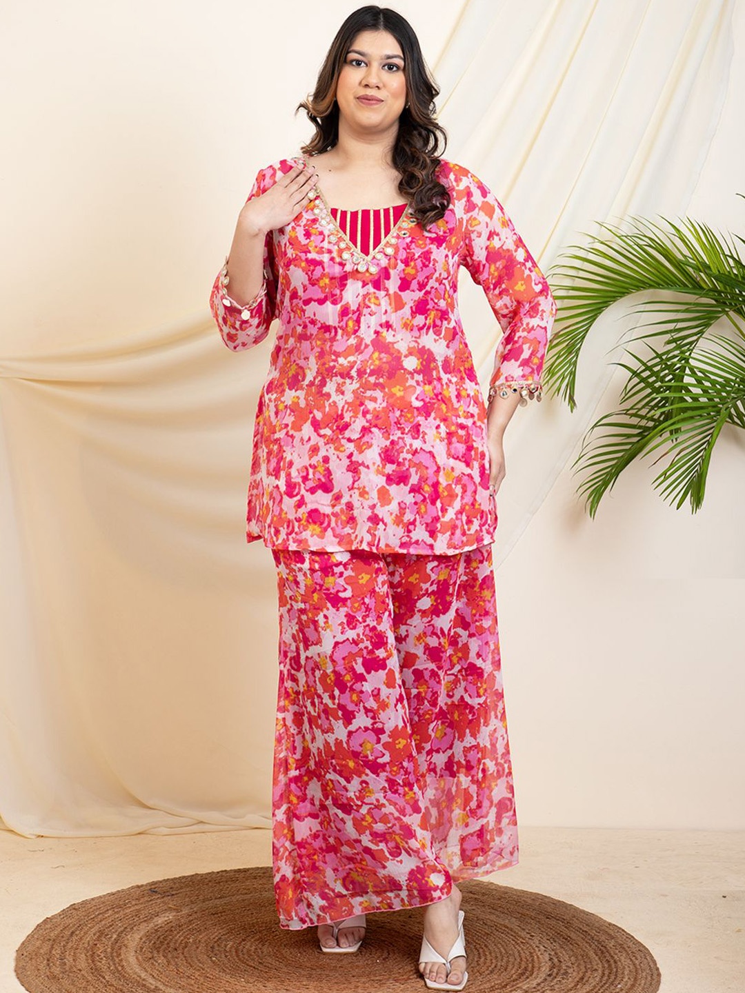 

DEEBACO Plus Size Printed Tunic With Crop Top & Palazzo, Magenta