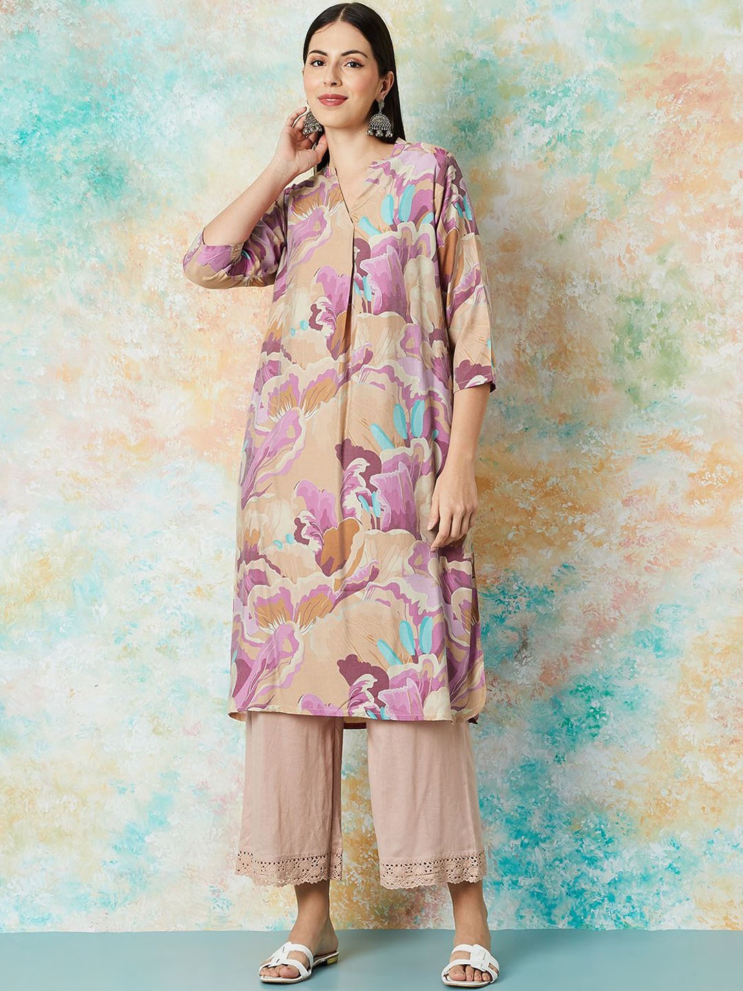 

Melange by Lifestyle Abstract Printed Mandarin Collar Straight Kurta, Pink