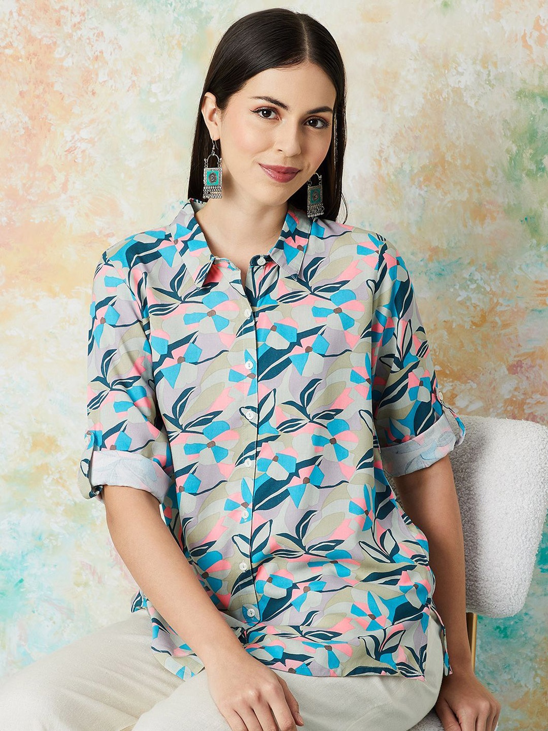 

Melange by Lifestyle Floral Printed Roll-Up Sleeves Shirt Style Top, Blue