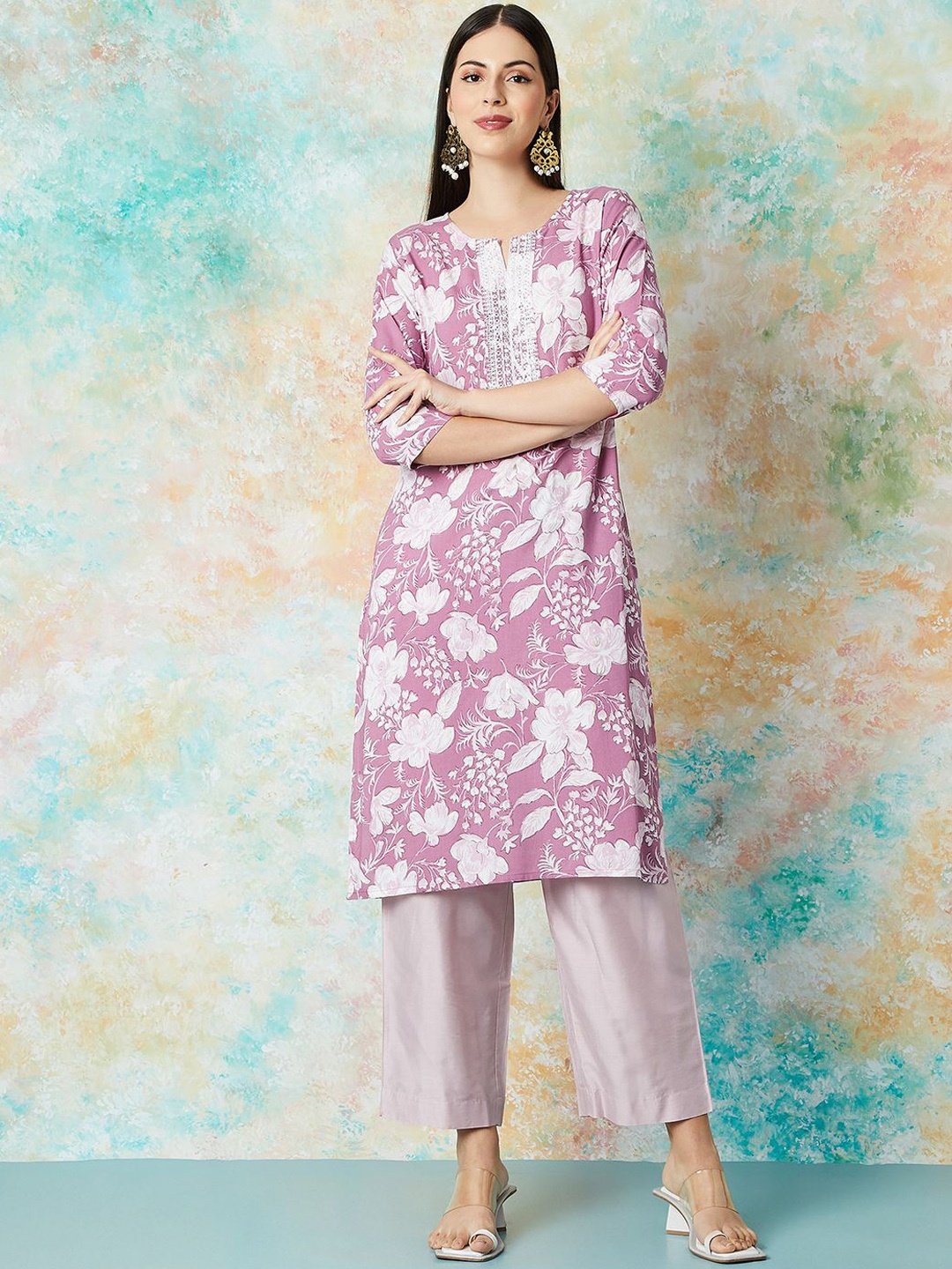 

Melange by Lifestyle Floral Printed Sequinned Straight Kurta, Pink