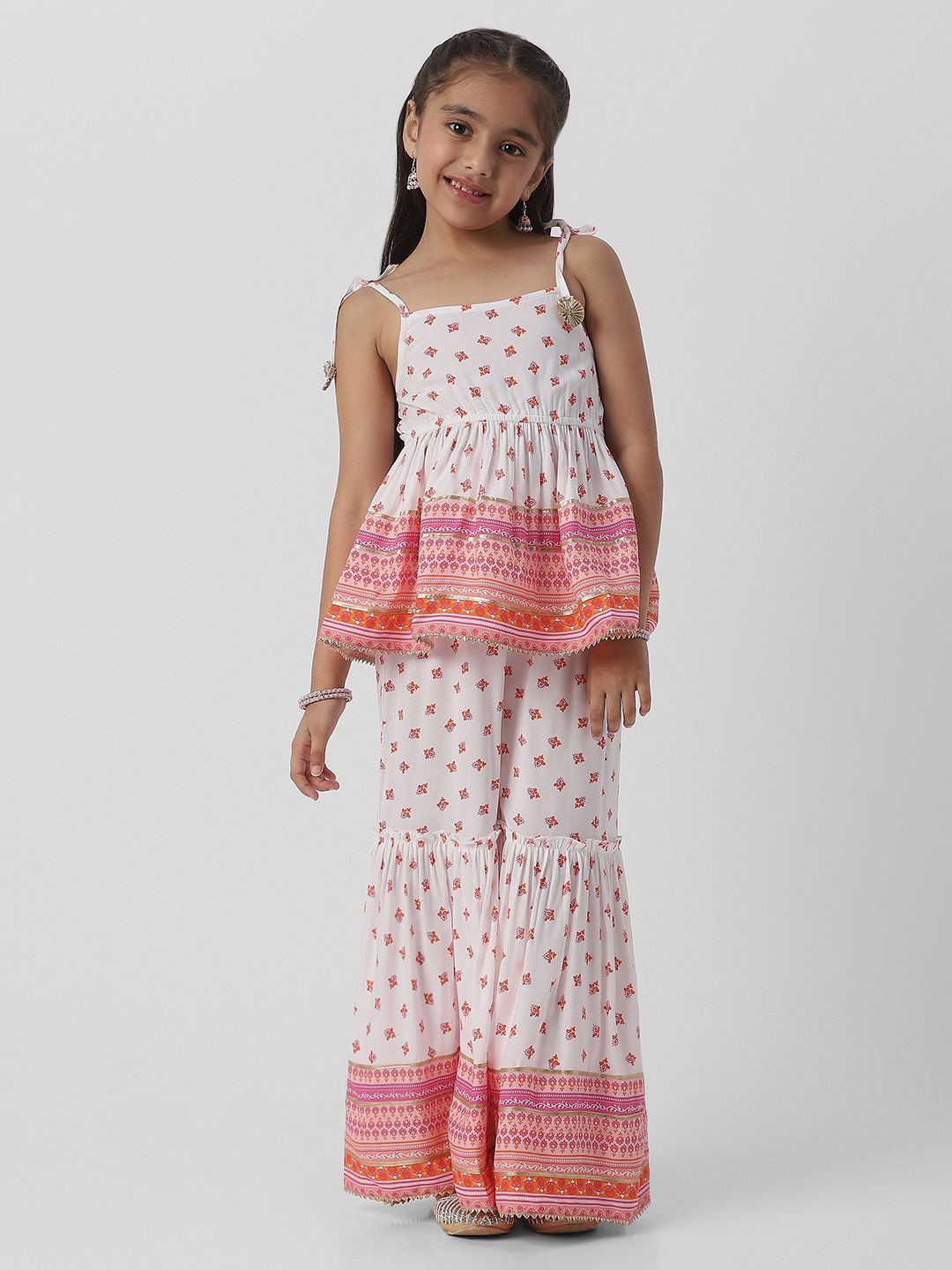 

Nauti Nati Girls Floral Printed Empire Gotta Patti Pure Cotton Kurti With Sharara, White