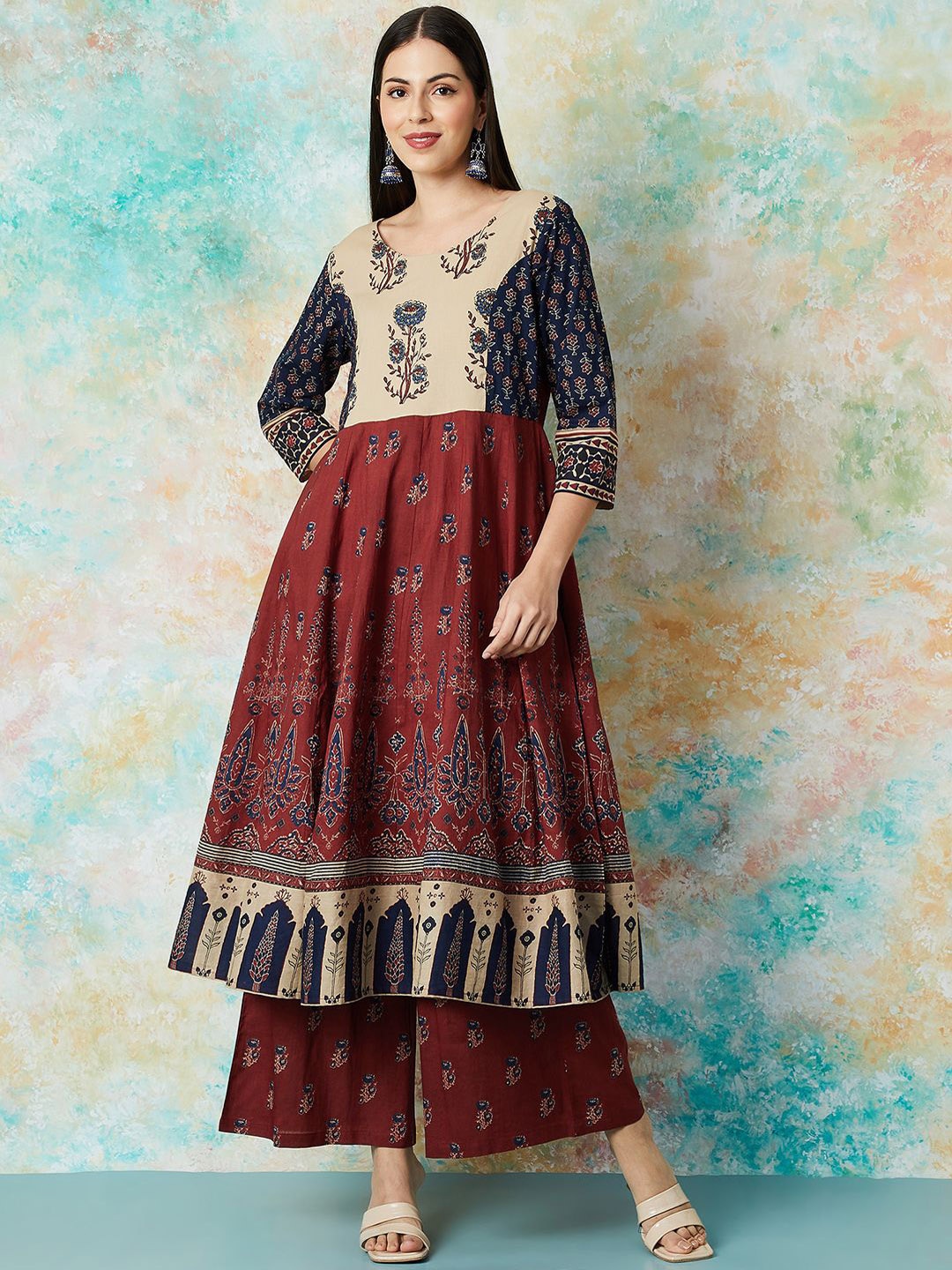 

Melange by Lifestyle Floral Printed Pure Cotton Anarkali Kurta With Trouser, Rust