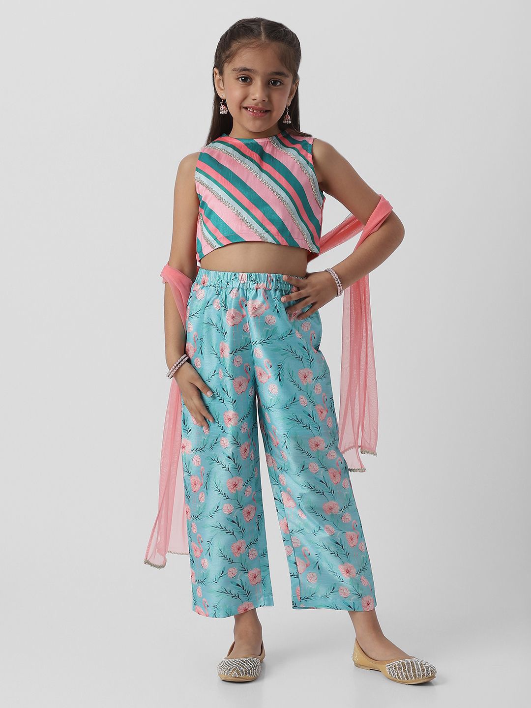 

Nauti Nati Girls Floral Striped Gotta Patti Sleeveless Top With Trousers & Dupatta, Pink