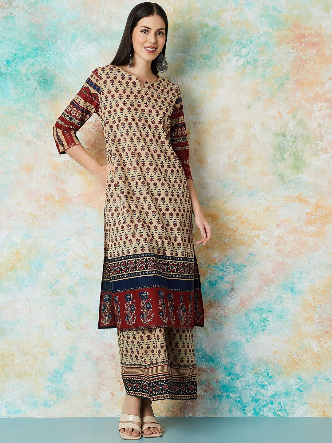 

Melange by Lifestyle Floral Printed Pure Cotton Kurta with Palazzo, Beige
