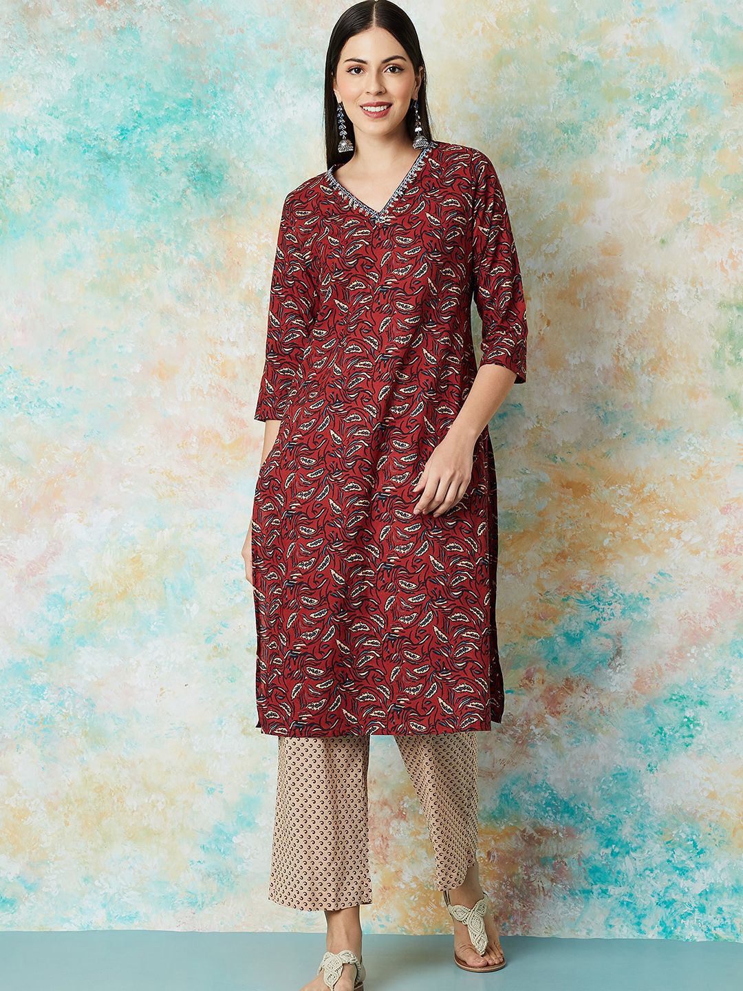 

Melange by Lifestyle Floral Printed Pure Cotton Kurta with Trouser, Maroon