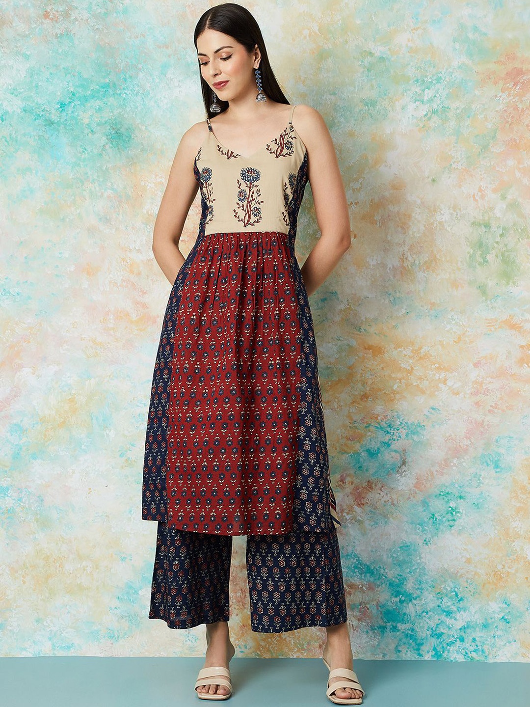 

Melange by Lifestyle Ethnic Motifs Printed Pleated Pure Cotton Anarkali Kurta With Palazzo, Rust