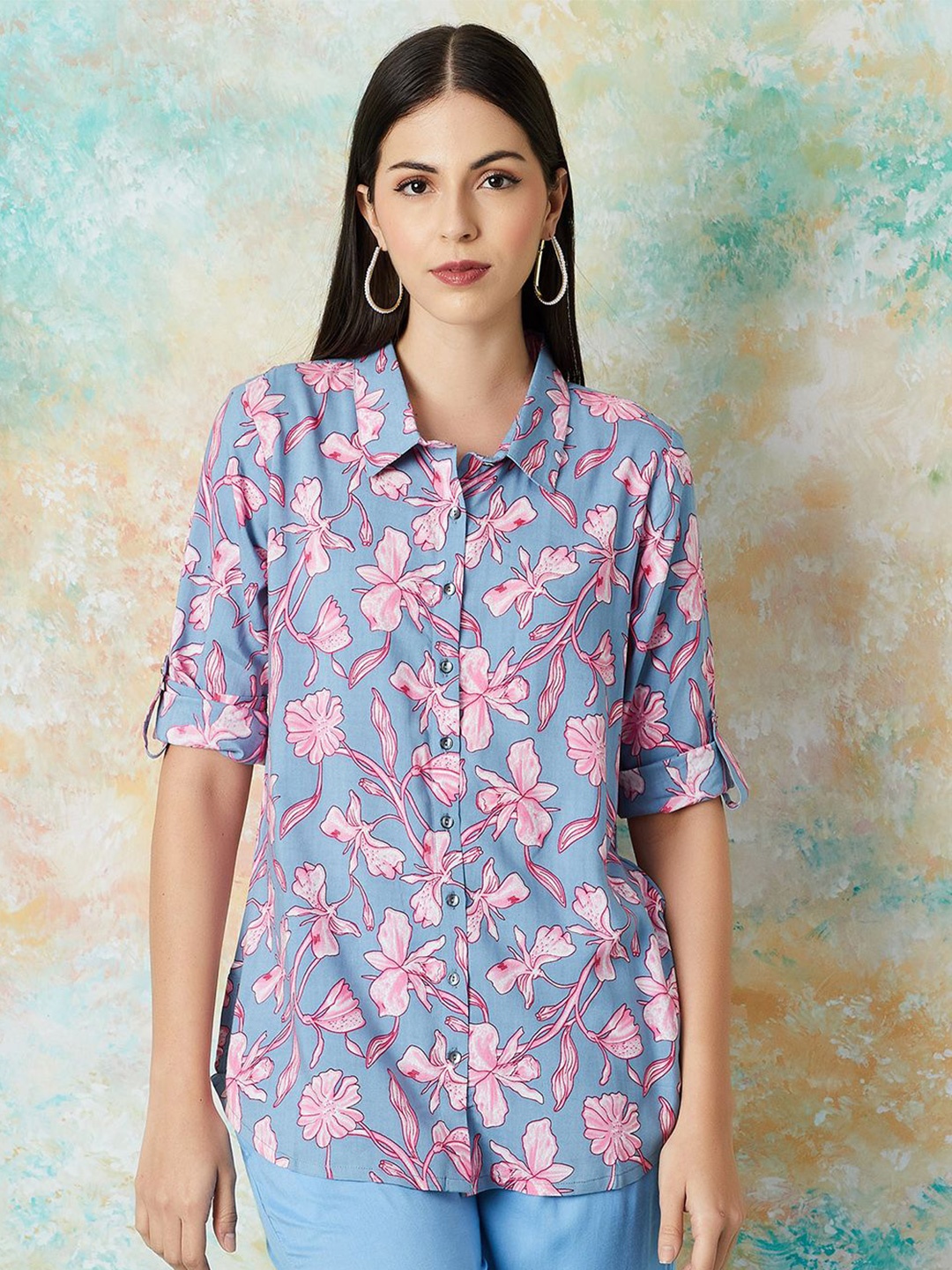 

Melange by Lifestyle Women Floral Printed Shirt Collar Kurti, Blue