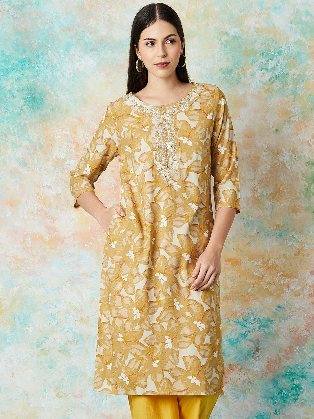

Melange by Lifestyle Floral Printed Mirror Work Straight Kurta, Mustard