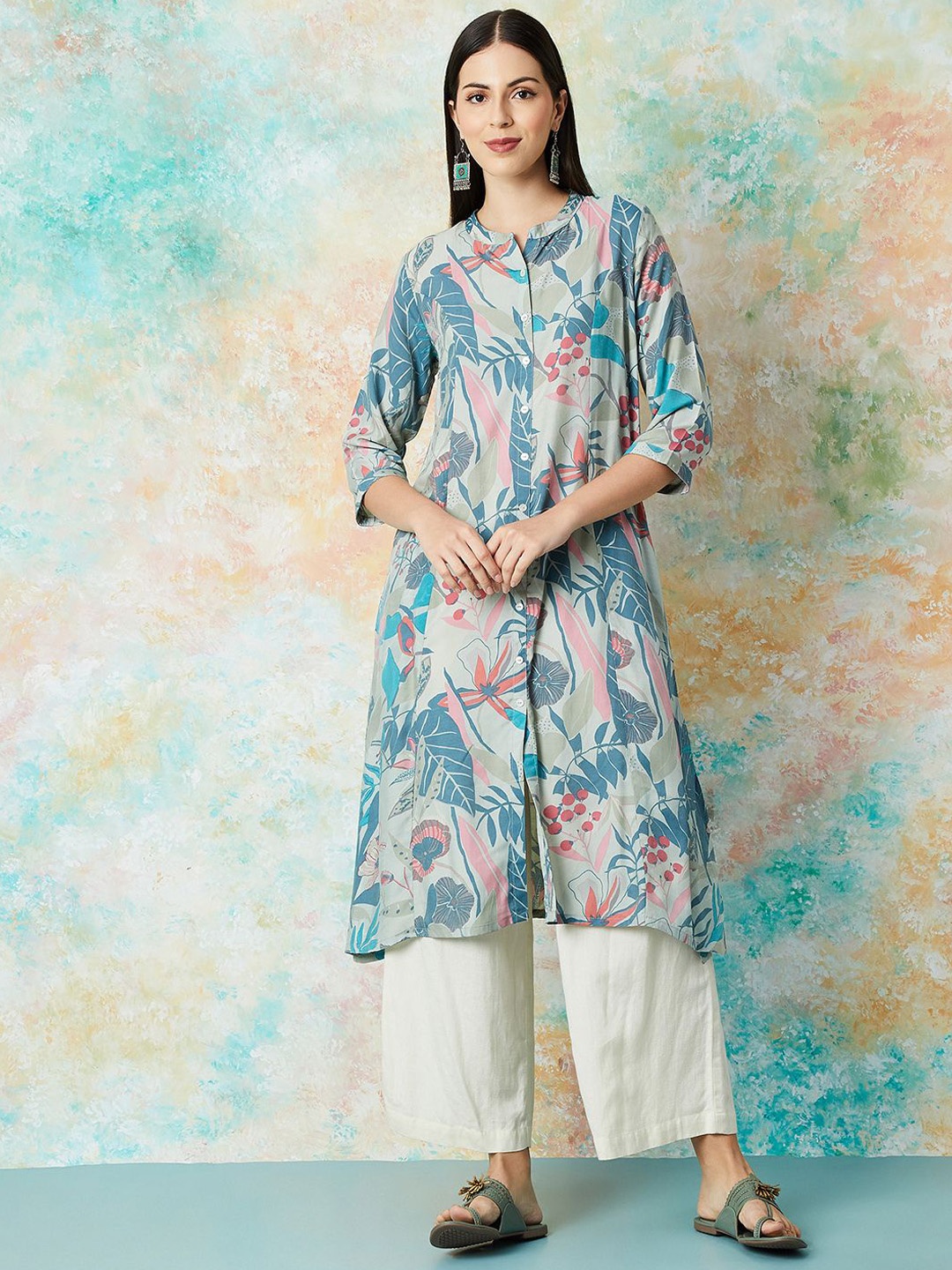 

Melange by Lifestyle Abstract Printed Mandarin Collar Straight Kurta, Blue