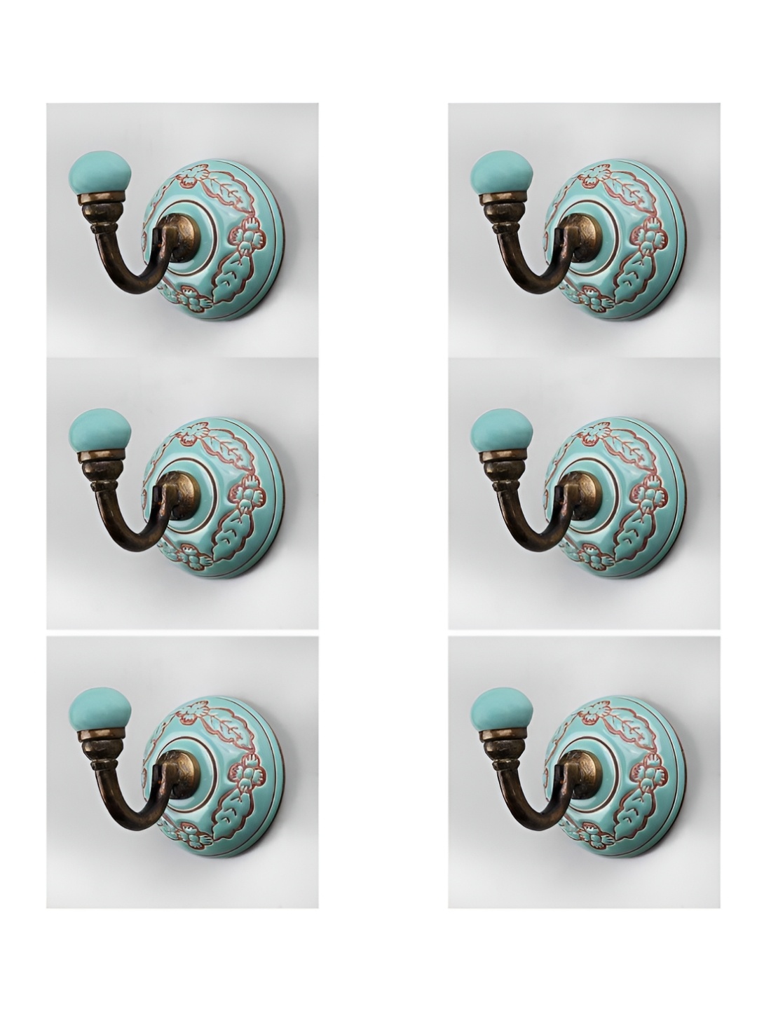 

IndianShelf Green and Brown 6 Pieces Ceramic Leaf Printed Wall Hooks