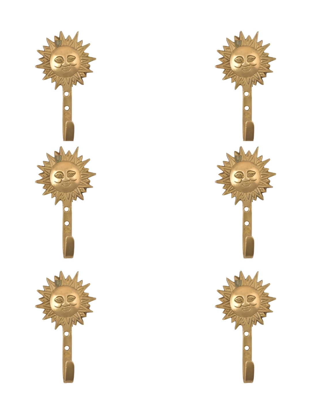 

IndianShelf Goldtoned 6 Pieces Brass Sun Wall Hooks, Gold