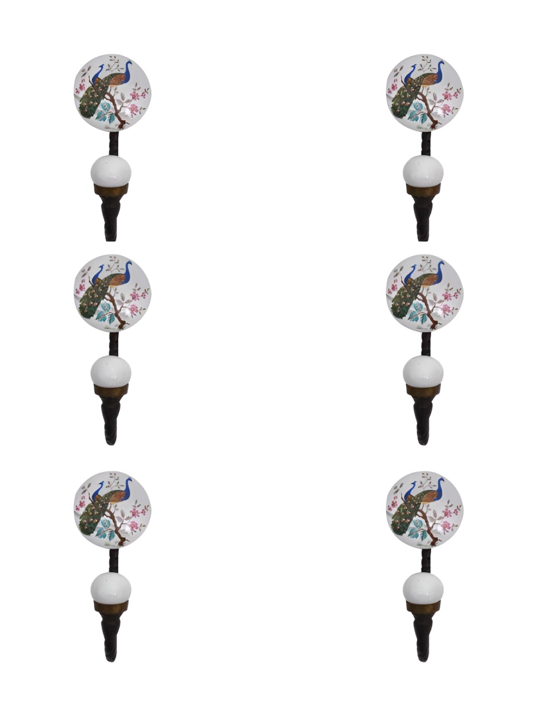 

IndianShelf White and Blue 6 Pieces Peacock Printed Ceramic Wall Hooks