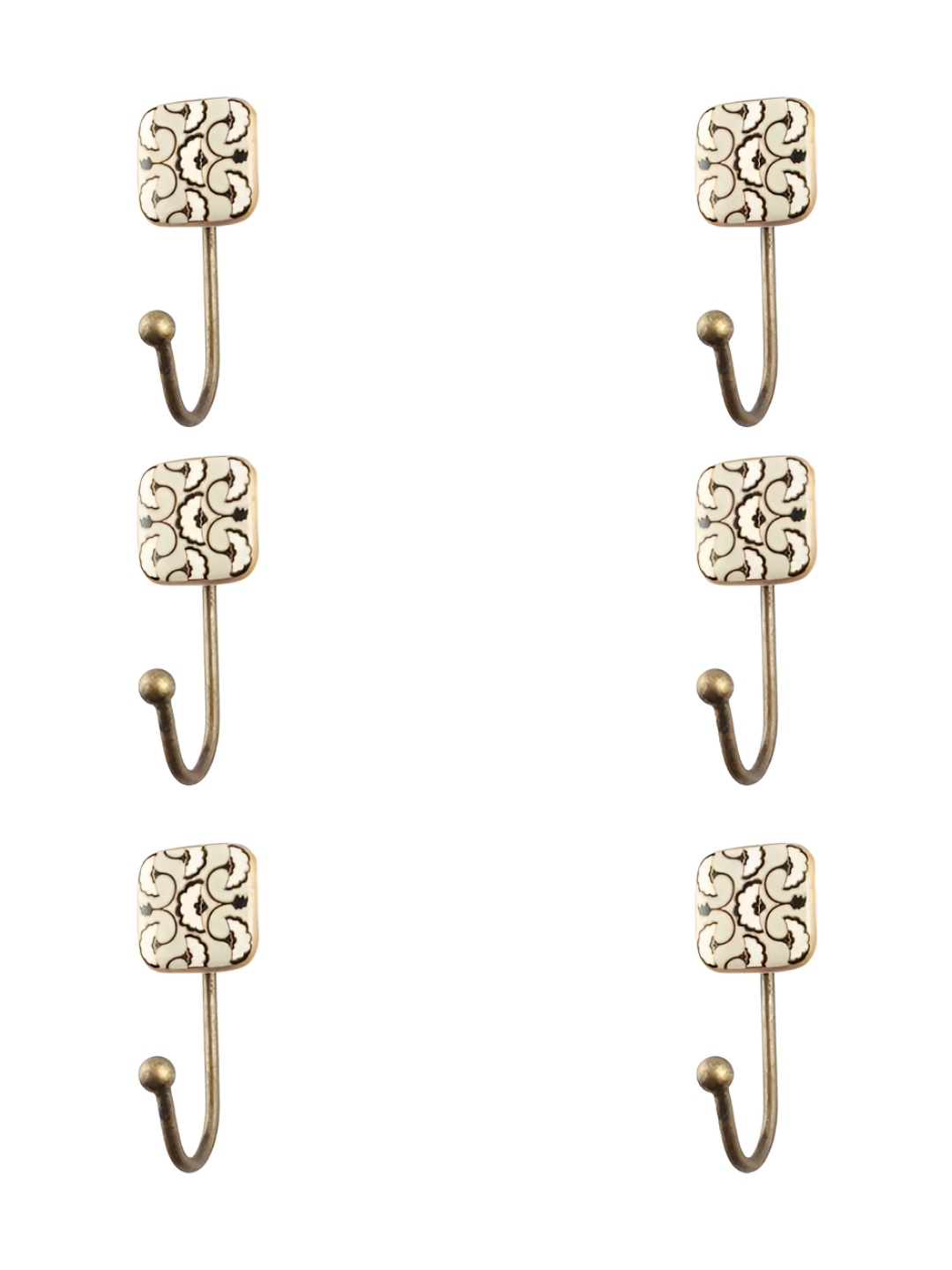 

IndianShelf Cream-Coloured and Black 6 Pieces Floral Printed Ceramic Square Wall Hooks
