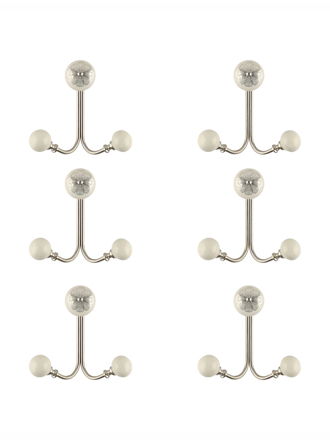 

IndianShelf White & Silver Toned 6 Pieces Ceramic Wall Hooks
