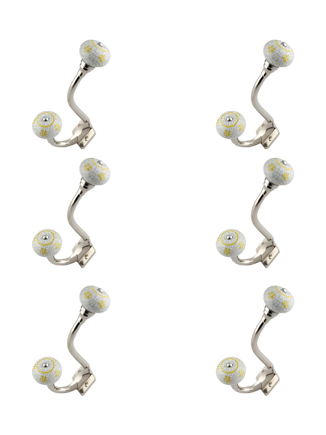 

IndianShelf Silver-Toned & White 6 Pieces Floral Printed Ceramic Wall Hooks