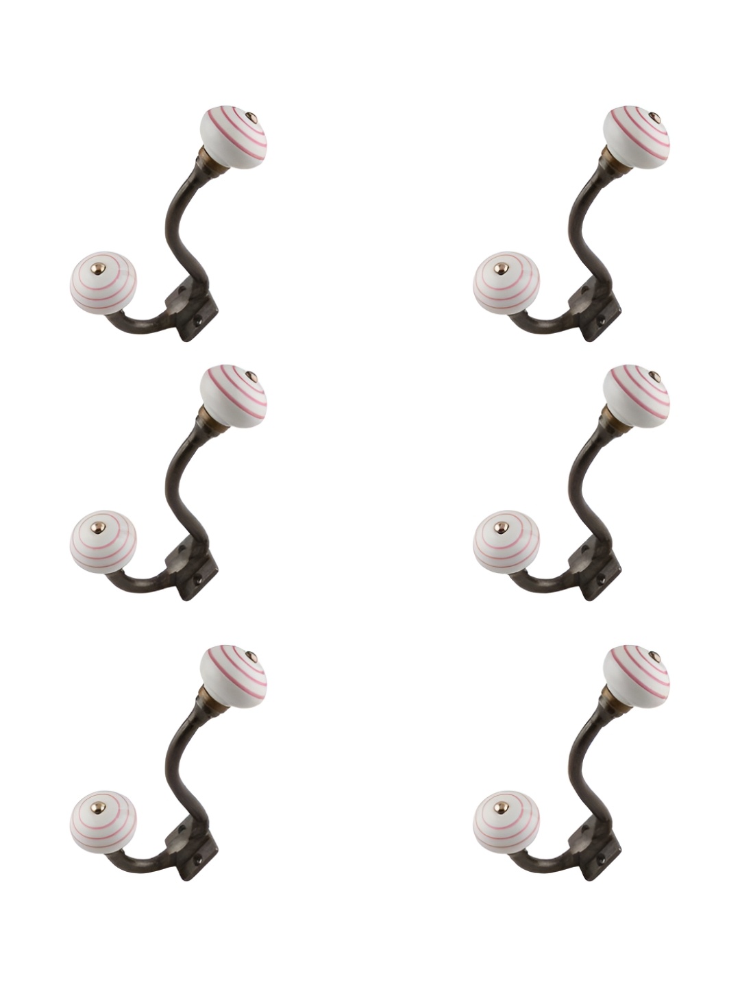 

IndianShelf White and Red 6 Piece Ceramic Striped Printed Wall Hooks