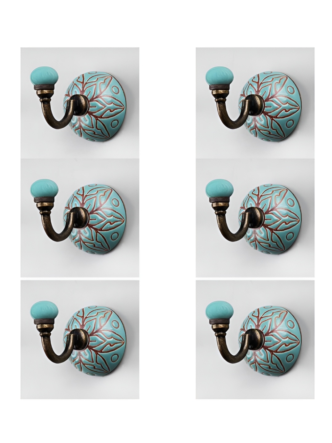 

IndianShelf Green and Brown 6 Pieces Floral Printed Ceramic Wall Hooks