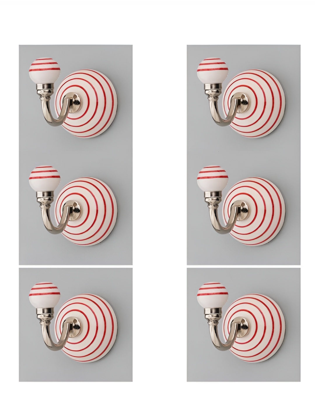 

IndianShelf White and Red 6 Piece Striped Printed Ceramic Wall Hooks