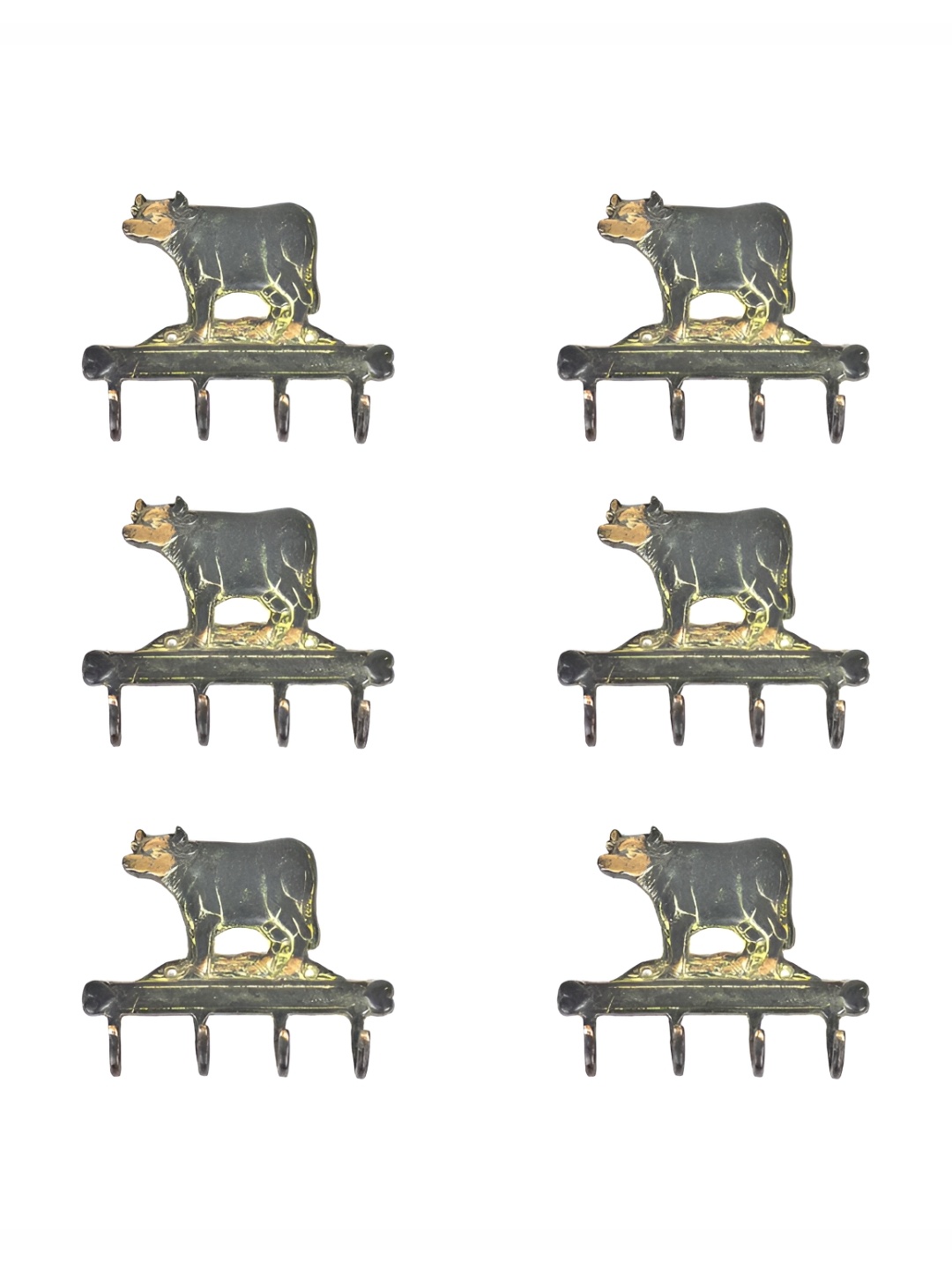 

IndianShelf Grey & Gold-Toned 6 Pieces Brass Cow Wall Hanger Coat Hooks