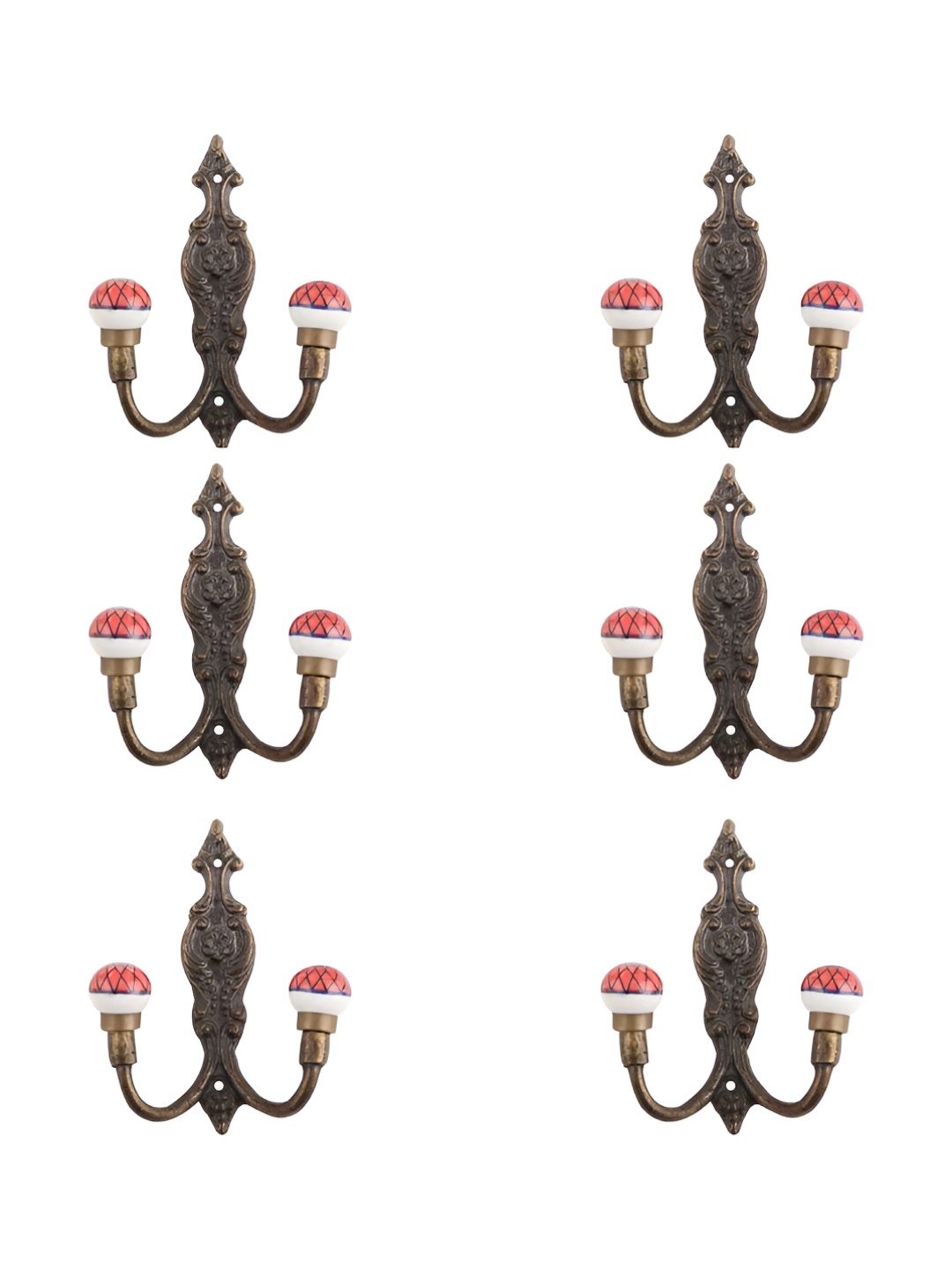 

IndianShelf Red & Brown 6 Pieces Ceramic Floral Cloth Hanger for Wall Key Holder